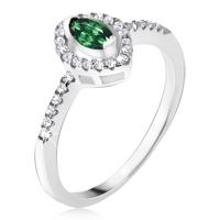 Srebrny pierścionek 925 - zielony kamyczek w kształcie elipsy, cyrkoniowe kontury - Rozmiar : 52