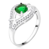 Srebrny pierścionek 925 - zielony okrągły kamyczek, cyrkoniowe ramiona - Rozmiar : 59