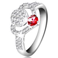 Srebrny  pierścionek, bezbarwny cyrkoniowy zarys serca, kółko i błyszcząca różowa cyrkonia - Rozmiar : 56
