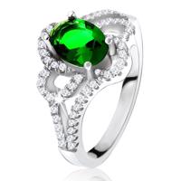 Srebrny pierścionek, ukośna owalna zielona cyrkonia, zaokrąglone pasy, przezroczyste kamyczki - Rozmiar : 50