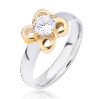 Srebrny pierścionek ze stali, złoty kwiatek z przeźroczystym oczkiem - Rozmiar : 56