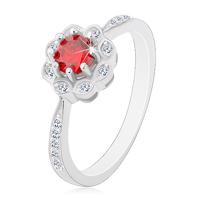 Srebrny rodowany pierścionek 925, błyszczący kwiatek z czerwono-różową cyrkonią - Rozmiar : 56