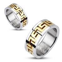Srebrny stalowy pierścionek - złoty grecki motyw - Rozmiar : 67
