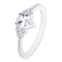Srebro 925 - zaręczynowy pierścionek, ponacinane krawędzie z cyrkoniami, błyszcząca przezroczysta łza - Rozmiar : 65