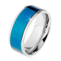 Stalowy pierścionek, ciemnoniebieski pas, oprawa srebrnego koloru, wysoki połysk, 8 mm - Rozmiar : 57