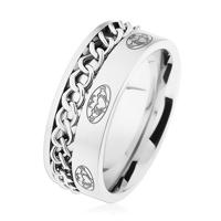 Stalowy pierścionek, łańcuszek, srebrny kolor, matowa powierzchnia, ornamenty - Rozmiar : 64