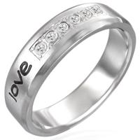 Stalowy pierścionek - napis "love", sześć cyrkonii - Rozmiar : 52
