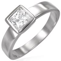 Stalowy pierścionek srebrnego koloru, bezbarwna kwadratowa cyrkonia w oprawie - Rozmiar : 55