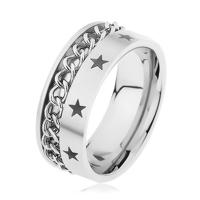 Stalowy pierścionek srebrnego koloru ozdobiony łańcuszkiem i gwiazdeczkami - Rozmiar : 70