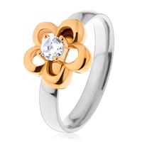 Stalowy pierścionek w dwukolorowej wersji, zarys kwiatu z podwyższoną bezbarwną cyrkonią - Rozmiar : 55