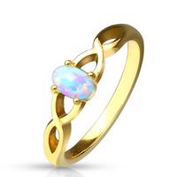 Stalowy pierścionek w złotym kolorze - syntetyczny opal z tęczowymi refleksami, splecione ramiona - Rozmiar : 49