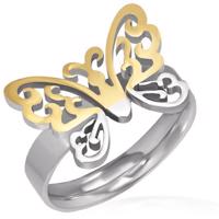 Stalowy pierścionek - wycięty złoto-srebrny motyl - Rozmiar : 52