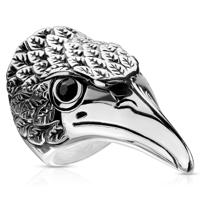 Stalowy pierścionek z głową orła - czarne cyrkonie, prążkowane patynowane pióra srebrnego koloru - Rozmiar : 63