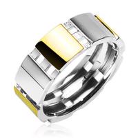 Stalowy pierścionek ze złotymi elementami - Rozmiar : 68