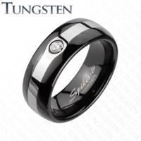 Tungsten czarny pierścionek - srebrny pas, cyrkonia - Rozmiar : 68