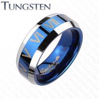 Tungsten pierścionek - niebiesko-srebrna obrączka, cyfry rzymskie - Rozmiar : 60