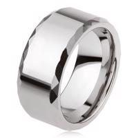 Wolframowy pierścionek srebrnego koloru, geometrycznie szlifowane krawędzie, gładka powierzchnia - Rozmiar : 62