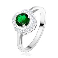 Zaręczynowy pierścionek, okrągła zielona cyrkonia, falista oprawa jasnego koloru, srebro 925 - Rozmiar : 51