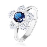 Zaręczynowy pierścionek, srebro 925, błyszczący kwiatek, okrągła niebieska cyrkonia - Rozmiar : 54