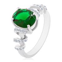 Zaręczynowy rodowany pierścionek, srebro 925, owalna zielona cyrkonia, błyszczące spirale - Rozmiar : 49