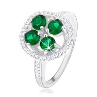 Zaręczynowy srebrny pierścionek 925, okrągły błyszczący kwiat, zielone cyrkonie - Rozmiar : 51