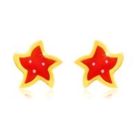 Złote kolczyki 14K - gwiazda z pięcioma ramionami, czerwoną emalią i białymi kropkami