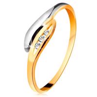 Złoty diamentowy pierścionek 585 - dwukolorowe zagięte listki, trzy przezroczyste brylanty - Rozmiar : 51