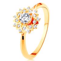 Złoty pierścionek 375 - błyszczące słońce ozdobione okrągłymi przezroczystymi cyrkoniami - Rozmiar : 49