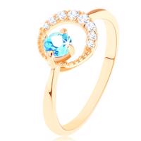Złoty pierścionek 375 - sierp księżyca ozdobiony przejrzystymi cyrkoniami, niebieski topaz - Rozmiar : 50