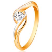 Złoty pierścionek 585 - bezbarwna cyrkonia, rozdzielone i faliste ramiona - Rozmiar : 58