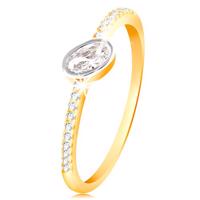 Złoty pierścionek 585 - bezbarwna owalna cyrkonia w oprawie z białego złota, cyrkoniowe linie - Rozmiar : 49