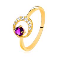 Złoty pierścionek 585 - cienki cyrkoniowy półksiężyc, ametyst w fioletowym odcieniu - Rozmiar : 49