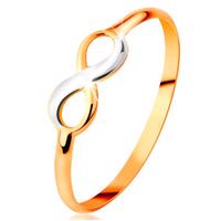 Złoty pierścionek 585 - dwukolorowy lśniący symbol nieskończoności, wąskie gładkie ramiona - Rozmiar : 50