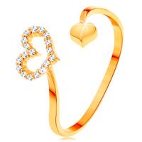 Złoty pierścionek 585 - faliste ramiona zakończone zarysem serca i pełnym serduszkiem - Rozmiar : 49