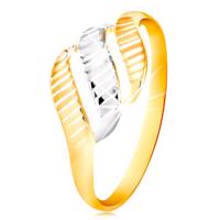 Złoty pierścionek 585 - trzy fale z żółtego i białego złota, lśniące nacięcia - Rozmiar : 51