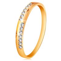 Złoty pierścionek 585 - wąskie linie z bezbarwnych błyszczących cyrkonii, wysoki połysk - Rozmiar : 58