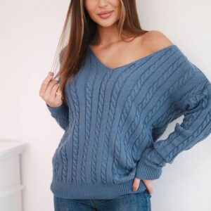 Sweter pleciony z dekoltem V jeansowy